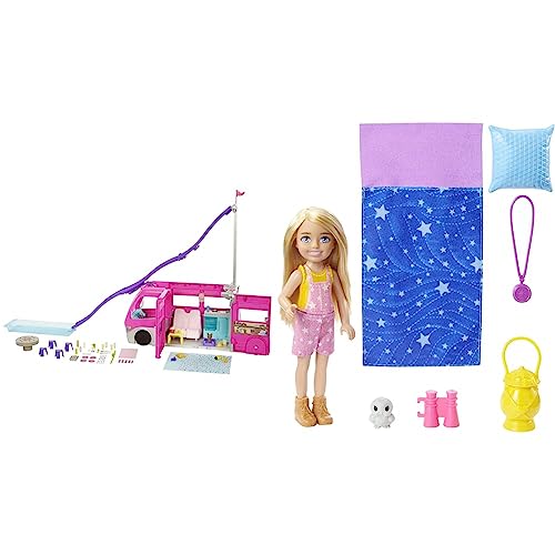 Barbie HCD46 - Traumcamper Fahrzeug Spielset (ca 75 cm), mit rollenden Rädern, 7 Spielbereiche, Pool, Rutsche & HDF77 Doppelpack! Camping Spielset mit Chelsea Puppe von Barbie