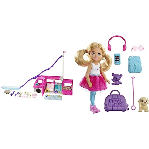 Barbie HCD46 - Traumcamper Fahrzeug Spielset (ca 75 cm) & FWV20 - Travel Chelsea Puppe, blond mit Hündchen, Tragetasche und Accessoires, Spielzeug ab 3 Jahren von Barbie