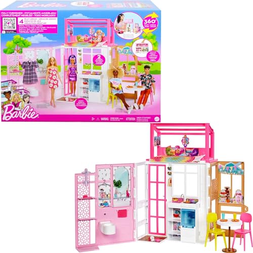 Barbie-Haus mit 4 Spielbereichen, Küche, Bad, Schlafzimmer, Esszimmer, komplett eingerichtet Möbeln, 360°-Spiel, Puppen, Geschenk für Kinder, Spielzeug ab 3 Jahre,HCD47 von Barbie