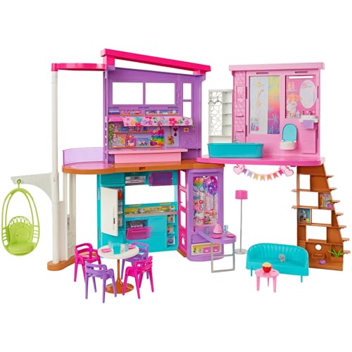 Barbie HCD50 - Malibu Ferien-Haus (klappbar), Puppenhaus mit Möbeln und diversen Zubehör-Teilen, Spielzeug für Kinder ab 3 Jahren von Barbie