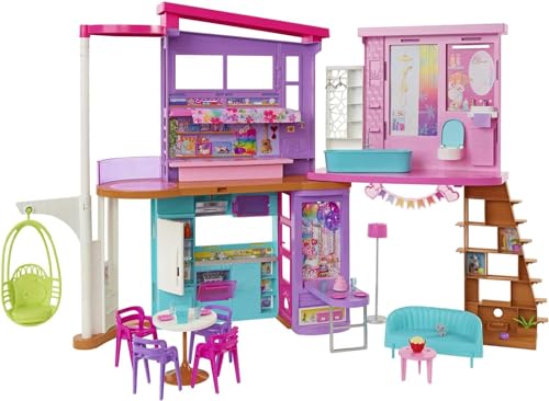 Barbie HCD50 - Malibu Ferien-Haus (klappbar), Puppenhaus mit Möbeln und diversen Zubehör-Teilen, Spielzeug für Kinder ab 3 Jahren von Barbie
