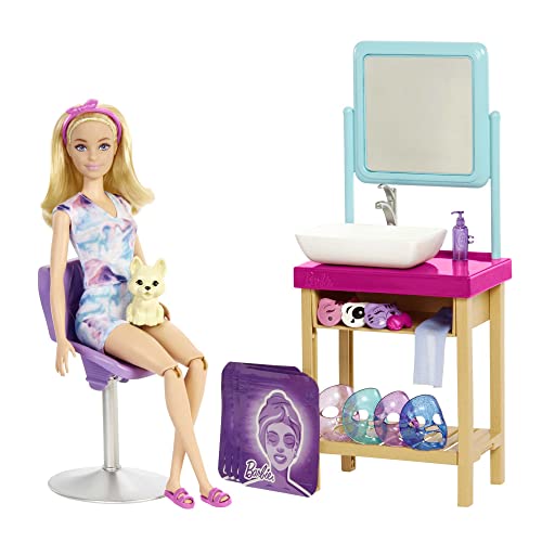 Barbie Self-Care Series, Sparkle Mask Spa Day, Puppe mit blonden Haaren, Welpe, 7 Spa-Masken, 15+ Teile, Accessoires, Geschenke für Kinder ab 3 Jahren,HCM82 Barbie Self-Care Series, Sparkle Mask Spa Day, Puppe mit blonden Haaren, Welpe, 7 Spa-Masken, 15+ Teile, Accessoires, Geschenke für Kinder ab 3 Jahren,HCM82 von Barbie