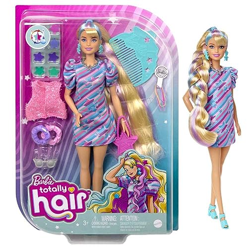 Barbie Totally Hair, Barbie Puppe mit extra langen mehrfarbigen Haaren zum Stylen, inkl. 15x Barbie Zubehör wie Haarschmuck, Spielzeug ab 3 Jahre, HCM88 von Barbie