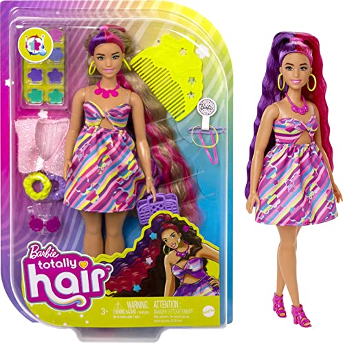 Barbie HCM89 - Totally Hair Puppe (Blond/Bunte Haare) im Blumen Print Kleid mit 15 Zubehör Teilen für tolle Looks, Mehrfarbig, Spielzeug für Kinder ab 3 Jahren von Barbie