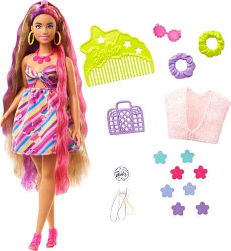 Barbie HCM89 - Totally Hair Puppe (Blond/Bunte Haare) im Blumen Print Kleid mit 15 Zubehör Teilen für tolle Looks, Mehrfarbig, Spielzeug für Kinder ab 3 Jahren von Barbie