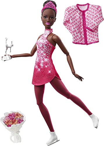 Barbie HCN31 - Wintersport Eiskunstläuferin-Puppe brünett (30 cm) mit rosa Kleid, Jacke, Rosenstrauß und Trophäe, tolles Geschenk für Kinder ab 3 Jahren von Barbie
