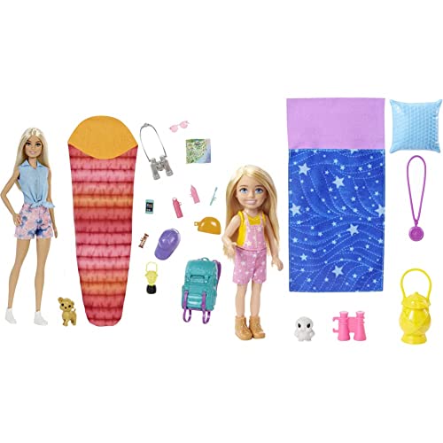 Barbie HDF73 Doppelpack! Camping Spielset mit Malibu Puppe (blond, ca. 29 cm) & HDF77 Doppelpack! Camping Spielset mit Chelsea Puppe (ca 15cm, blond), Haustier Eule von Barbie