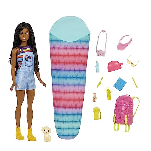 Barbie HDF74 Doppelpack! Camping Brooklyn Puppe (brünett mit geflochtenen Zöpfen, ca. 29 cm) mit Hündchen, Rucksack, Schlafsack, 10 Camping-Zubehörteilen, Geschenk für Kinder ab 3 Jahren von Barbie