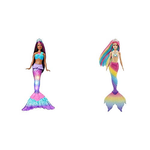 Barbie HDJ37 Brooklyn Zauberlicht Meerjungfrau (30 cm, braune Haare) & GTF89 - Dreamtopia Regenbogenzauber Meerjungfrauen-Puppe mit Regenbogenhaaren und Farbwechsel-Funktion von Barbie