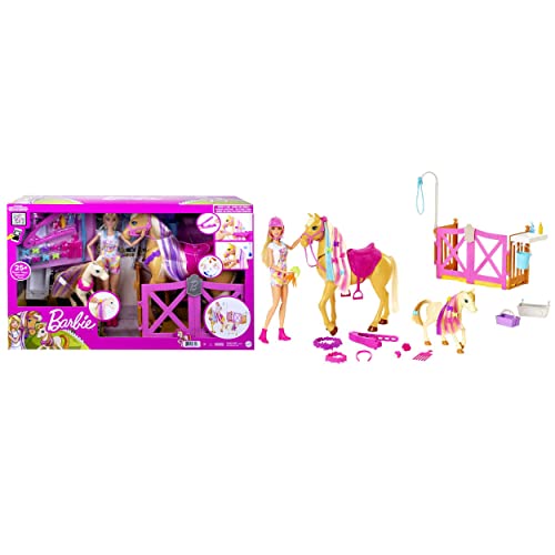 Barbie HGB58 - Frisier- und Reitspaß, Reitset mit Pferd, Pony, Puppe und über 20 Zubehörteilen, für Kinder ab 3 Jahren von Barbie