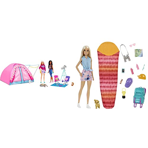 Barbie HGC18 Abenteuer zu zweit“ Camping-Spielset mit Zelt, 2 Puppen und 20 Zubehörteilen & HDF73 Doppelpack! Camping Spielset mit Malibu Puppe (blond, ca. 29 cm) von Barbie