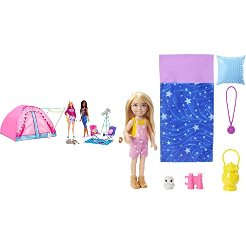 Barbie HGC18 - Barbie „Abenteuer zu zweit“ Camping-Spielset mit Zelt, 2 Barbie-Puppen und 20 Zubehörteilen mit Tieren, ab 3 Jahren & HDF77 - Barbie im Doppelpack! Camping (15cm, blond),ab 3 Jahren von Barbie