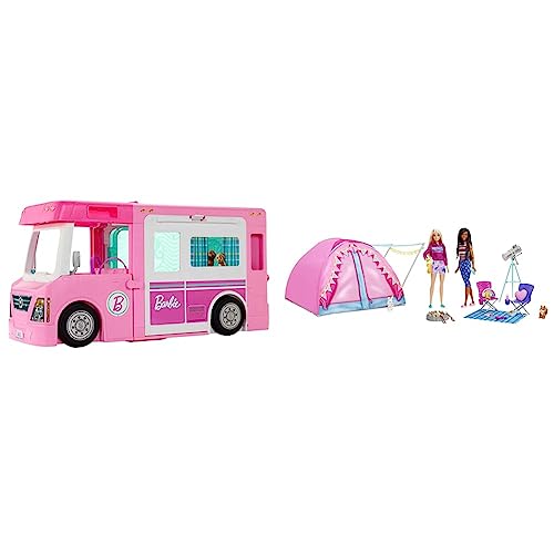 Barbie HGC18 Abenteuer zu zweit“ Camping-Spielset mit Zelt, 2 Puppen und 20 Zubehörteilen & GHL93-3-in-1 Super Abenteuer-Camper, ca. 91 cm, umwandelbarer Camper für Puppen von Barbie