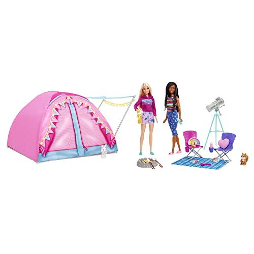 Barbie Let's Go Camping Zelt, 2 Puppen, 1x blond, 1x schwarz, Camping Zubehör, Zelt, Hase, Eichhörnchen, Geschenk für Kinder, Spielzeug ab 3 Jahre,HGC18 von Barbie