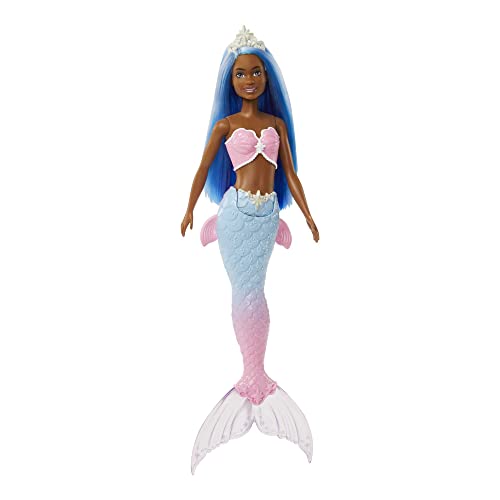 Barbie Dreamtopia Rainbow Magic Mermaid, Schwarze Meerjungfrau mit blauen Haaren, weißer Krone, Blauer und rosa Meerjungfrauen-Schwanzflosse, inkl Puppe, Geschenk für Kinder ab 3 Jahren von Barbie