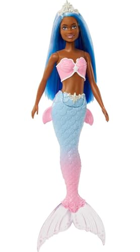 Barbie Dreamtopia Rainbow Magic Mermaid, Schwarze Meerjungfrau mit blauen Haaren, weißer Krone, Blauer und rosa Meerjungfrauen-Schwanzflosse, inkl Puppe, Geschenk für Kinder ab 3 Jahren von Barbie
