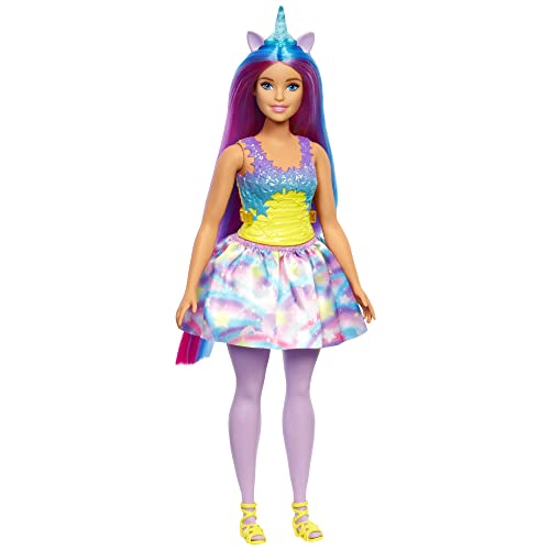 Barbie Dreamtopia Einhorn Prinzessin Puppe mit blauen & violetten Haaren, blaues Einhornhorn & -Ohren, Prinzessinnenrock, Violette Strumpfhose, gelbe Schuhe, inkl Puppe, als Geschenk geeignet von Barbie