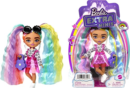 Barbie HHF82 - Extra Minis Puppe #6 (Bunte Haare) mit Blumen-Kleid, inklusive Puppen-Ständer und Zubehör wie Sonnenbrille und Geldbörse, Spielzeug für Kinder ab 3 Jahren von Barbie