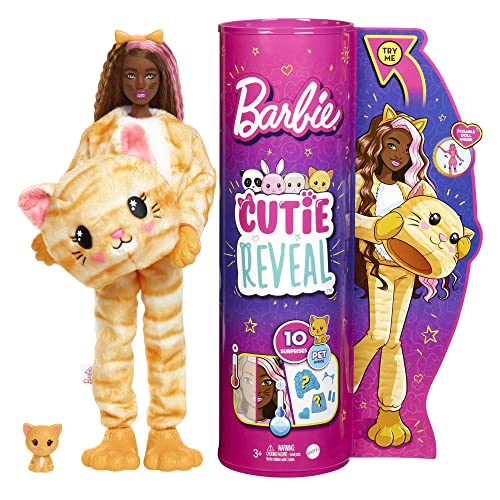 Barbie HHG20 - Cutie Reveal Puppe mit Katzen-Plüschkostüm und 10 Überraschungen inklusive kleinem Haustier und Farbwechsel, Puppen Spielzeug für Kinder ab 3 Jahren von Barbie
