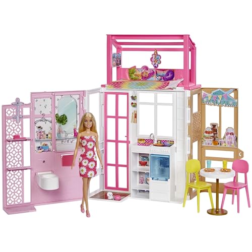 Barbie-Puppenhaus (70,6 x 51,4 cm) mit 4 Spielbereichen, komplett eingerichtet Accessoires & Möbeln, 360° drehbar, klappbar, Puppe, Geschenk für Kinder ab 3 Jahren, HHY40 von Barbie