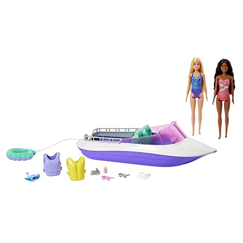 Barbie Malibu Roberts & Brooklyn Puppe - 45,7 cm Schnellboot, 4 Puppen Platz, Glasboden, Schwimmreifen und weiteres Zubehör, für Kinder ab 3 Jahren, HJK58 von Barbie