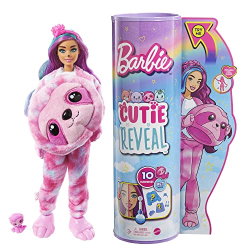 Barbie HJL59 - Cutie Reveal Puppe mit Faultier-Kostüm, Traumland Fantasie-Serie mit Farbwechsel-Effekt, 10 Überraschungen und Haustier, Spielzeug für Kinder ab 3 Jahren von Barbie