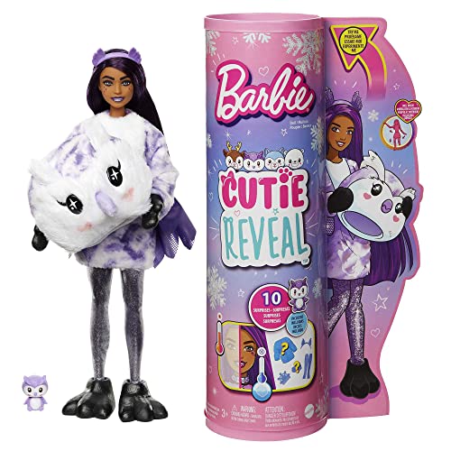 Barbie HJL62 - Cutie Reveal Winter Schneeflocken Serie-Puppe mit Eulen-Plüschkostüm und 10 Überraschungen inklusive kleinem Haustier und Farbwechsel, Geschenk für Kinder ab 3 Jahren von Barbie