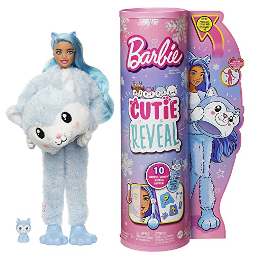 Barbie HJL63 - Cutie Reveal Winter-Schneeflocken Serie-Puppe mit Husky-Plüschkostüm und 10 Überraschungen inklusive kleinem Haustier und Farbwechsel, Geschenk für Kinder ab 3 Jahren von Barbie