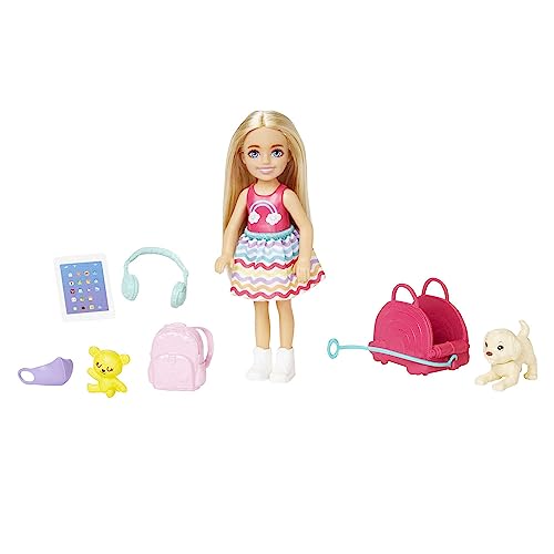 Barbie-Spielzeug, Chelsea-Puppe und Accessoires, Reiseset mit Hündchen und 6 Teilen, einschließlich Hundetragekorb, HJY17 von Barbie