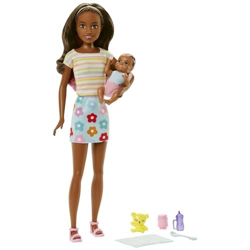 Barbie HJY31 - Puppen und Zubehör, brünette Skipper-Puppe mit Baby-Figur und 5 Zubehörteilen, Babysitters Inc. Spielset, Puppen Spielzeug ab 3 Jahren von Barbie