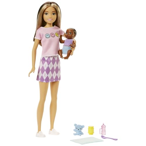 Barbie Skipper Babysitter Inc, Skipper mit blonden und braunen Haaren, Baby mit braunen Haaren, Zubehör, Löffel, Flasche, insgesamt 2 Puppen, Geschenk für Kinder, Spielzeug ab 3 Jahre,HJY32 von Barbie