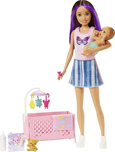 Barbie Skipper Babysitter Inc, Skipper Big Babysitting Adventure, Skipper mit braunen Haaren und Baby, Fläschchen, Kinderbett, Zubehör, inkl. 2 Puppen, als Geschenk möglich,HJY33 von Barbie