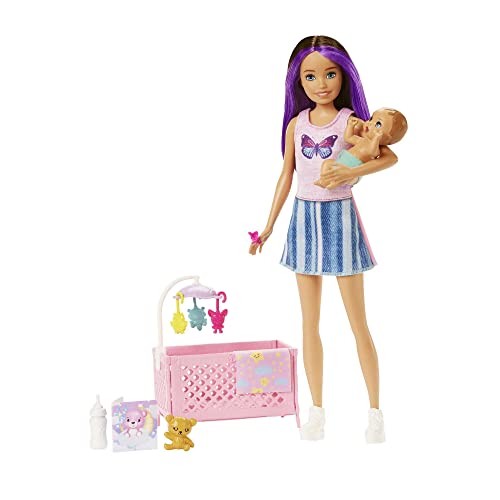 Barbie Skipper Babysitter Inc, Skipper Big Babysitting Adventure, Skipper mit braunen Haaren und Baby, Fläschchen, Kinderbett, Zubehör, inkl. 2 Puppen, als Geschenk möglich,HJY33 von Barbie