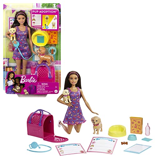Barbie Welpenadoption - Puppe und 2 Welpen sogar mit Adoptionszertifikate, Farbwechseleffekt, Transportbox und Zubehör, für Kinder ab 3 Jahren, HKD86 von Barbie