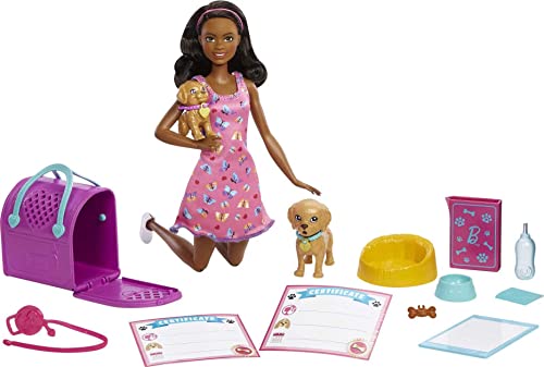 Barbie HKD87 - Puppe & Welpenadoption-Spielset mit brünetter Puppe in pinkem Kleid, 2 Welpen, Hunde und Toilettenmatte mit Farbwechseleffekt, Transportbox und 10 Zubehörteile, ab 3 Jahren von Barbie
