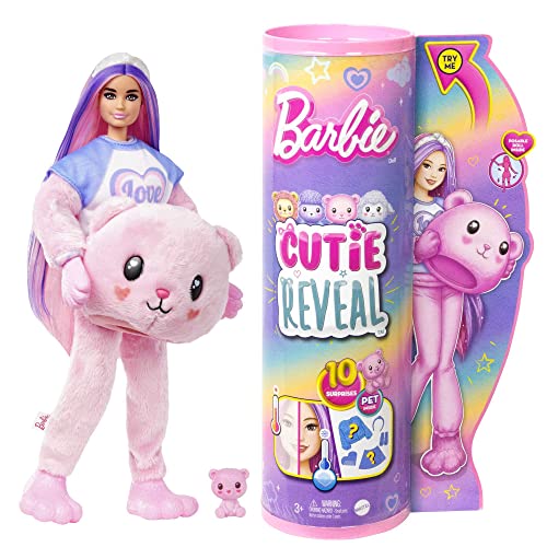Barbie Cutie Reveal Puppe - Kuschelweiche Plüschverpackung mit 10 Überraschungen, bewegliche Puppe mit Zubehör, inklusive Mini-Teddybär und Tiermusterjacke, für Kinder ab 3 Jahren, HKR04 von Barbie