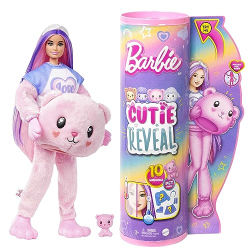 Barbie Cutie Reveal Puppe - Kuschelweiche Plüschverpackung mit 10 Überraschungen, bewegliche Puppe mit Zubehör, inklusive Mini-Teddybär und Tiermusterjacke, für Kinder ab 3 Jahren, HKR04 von Barbie