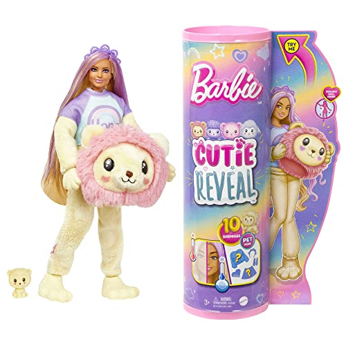 BARBIE Cutie Reveal Puppe - Plüschlöwe mit 10 Überraschungen, bewegliche Barbie-Puppe mit Accessoires, inklusive Mini-Haustier und Fleece-Jacke, für Kinder ab 3 Jahren, HKR06 von Barbie