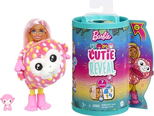 Barbie Cutie Reveal, Chelsea Puppe mit Affenzubehör, 7 Überraschungen, Haustier, Farbwechseleffekt, inkl Cutie Reveal Puppe, Geschenk für Kinder, Spielzeug ab 3 Jahre,HKR14 von Barbie