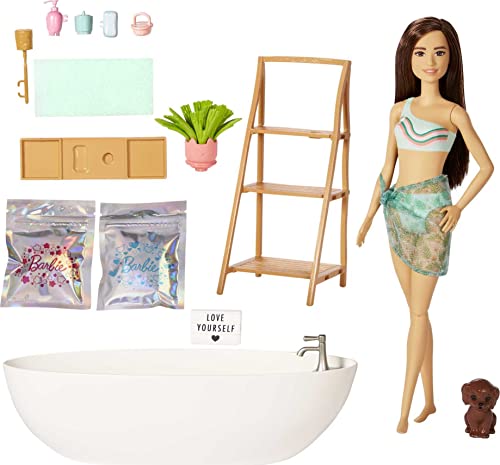 Barbie HKT93 - Spielset mit Barbie-Puppe mit Hündchen und Badewanne, Kinderspielzeug, brünett, farbenfrohe Konfettiseife und Zubehör, Thema Selbstfürsorge und Wellness, Puppen Spielzeug ab 3 Jahren von Barbie