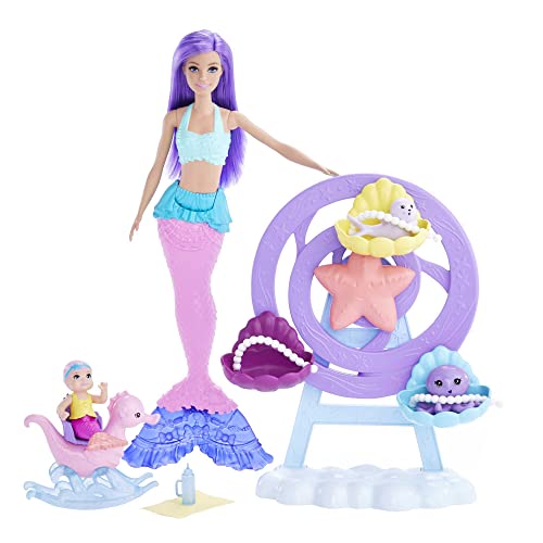 Barbie Dreamtopia, Meerjungfrau mit lila Haaren und rosa Schwanz, Baby Meerjungfrau Puppe, Babyspielzeug, Zubehör, insgesamt 2 Puppen, Geschenke für Kinder ab 3 Jahren,HLC30 von Barbie