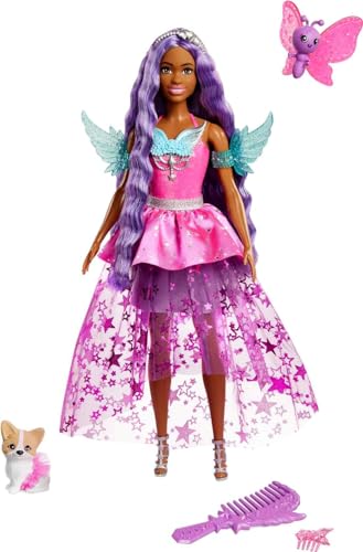 Barbie Ein Verborgener Zauber - Brooklyn Roberts mit märchenhaftem Kleid, Zubehör und Zwei entzückenden Tieren, ca. 18 cm langes lilafarbenes Fantasiehaar, für Kinder ab 3 Jahren, HLC33 von Barbie