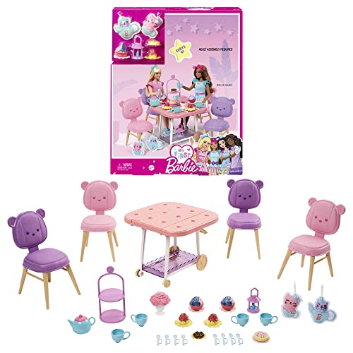 Barbie Tea Party, Meine erste Barbie-Serie, 18 Barbie-Accessoires, Plüschartikel, Servierwagen, Teeservice, Desserts, Barbie-Puppen Nicht enthalten, Geschenk für Kinder, Spielzeug ab 3 Jahre,HMM65 von Barbie