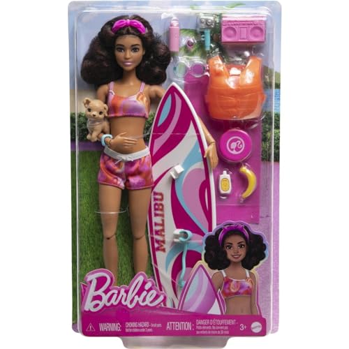 Barbie - Surfer-Puppe mit Surfbrett und Hündchen, Handtuch und Radio für Strandabenteuer und Geschichtenerzählen, Clips und Knöchelriemen für realistisches Wellenreiten, ab 3 Jahren, HPL69 von Barbie