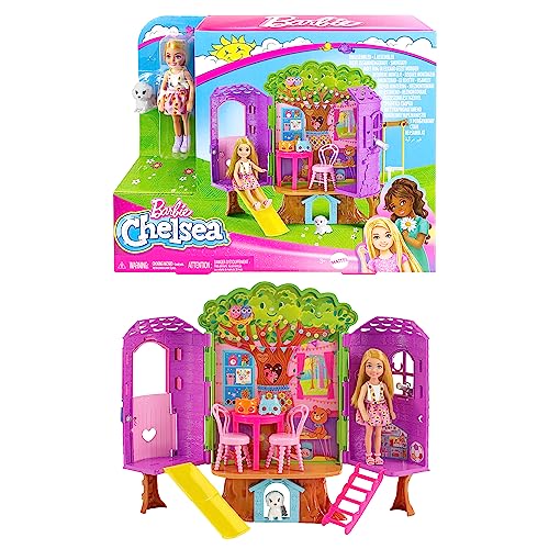 Barbie - Chelsea-Puppe und Baumhaus-Spielset mit Hündchen mit Möbeln, Rutsche und mehr als 10 Zubehörteile für endlosen kreativen Spielspaß, für Kinder ab 3 Jahren, HPL70 von Barbie