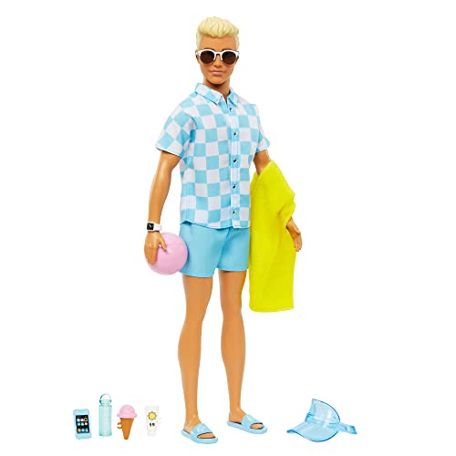 Barbie Ken - Blonde Puppe mit blauem Hemd und Badehose, Strand-Accessoires und Wasserball für kreatives Spielen, für Kinder ab 3 Jahren, HPL74 von Barbie