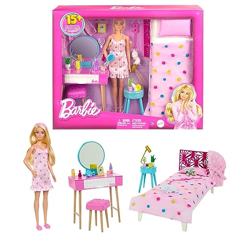 Barbie Schlafzimmer-Spielset - Puppe, Bett, Schminktisch, Kätzchen und 20 Zubehörteile kreatives Spielen, inklusive flauschigem Bademantel und Hausschuhen, für Kinder ab 3 Jahren, HPT55 Barbie Schlafzimmer-Spielset - Puppe, Bett, Schminktisch, Kätzchen und 20 Zubehörteile kreatives Spielen, inklusive flauschigem Bademantel und Hausschuhen, für Kinder ab 3 Jahren, HPT55 von Barbie
