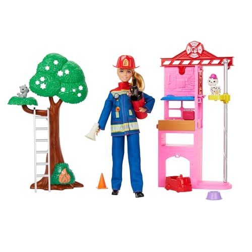 Barbie-Karriere Feuerwehrfrau-Puppe und Spielset mit Feuerwache und Baum, 2 Tieren, Farbwechseleffekt und mehr als 10 Zubehörteilen darunter ein Feuerlöscher-Spritzspielzeug, HRG55 von Barbie