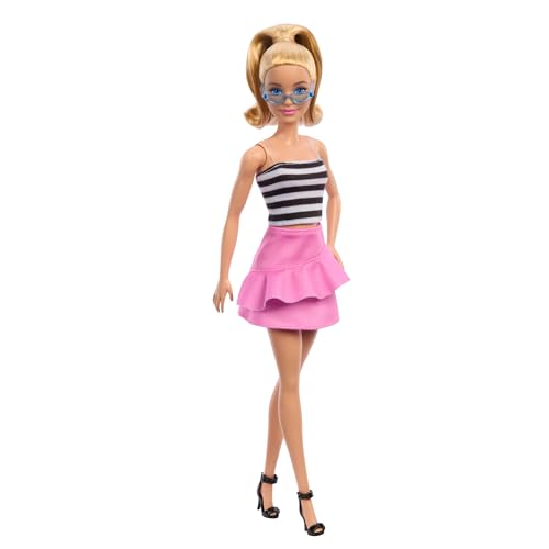 Barbie Fashionistas Puppe Nr. 213, blond mit gestreiftem Oberteil, pinkem Rock und Sonnenbrille, Modepuppe zum Sammeln anlässlich des 65. Jubiläums, HRH11 von Barbie