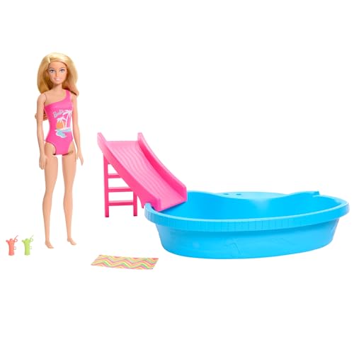 Barbie Puppe und Zubehör - Pool mit Rutsche und Accessoires für stundenlanges Spielvergnügen in der Sonne, pinkfarbener Badeanzug mit tropischem Design, für Kinder ab 3 Jahren, HRJ74 von Barbie